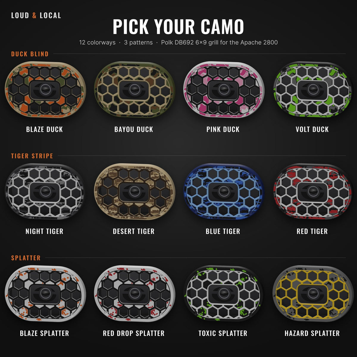 Polk DB692 6x9 camo speaker grills in 12 colorways