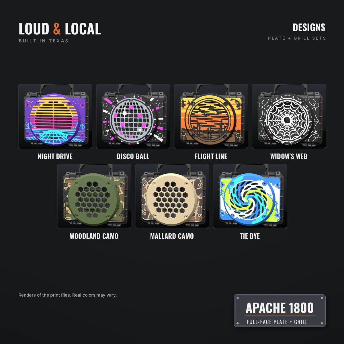 All 7 designs: Apache 1800 full-face plates and 6.5 grills