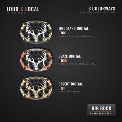 All 3 colorways of the Big Buck Kicker DS 6x9 grill: Woodland, Blaze and Desert Digital