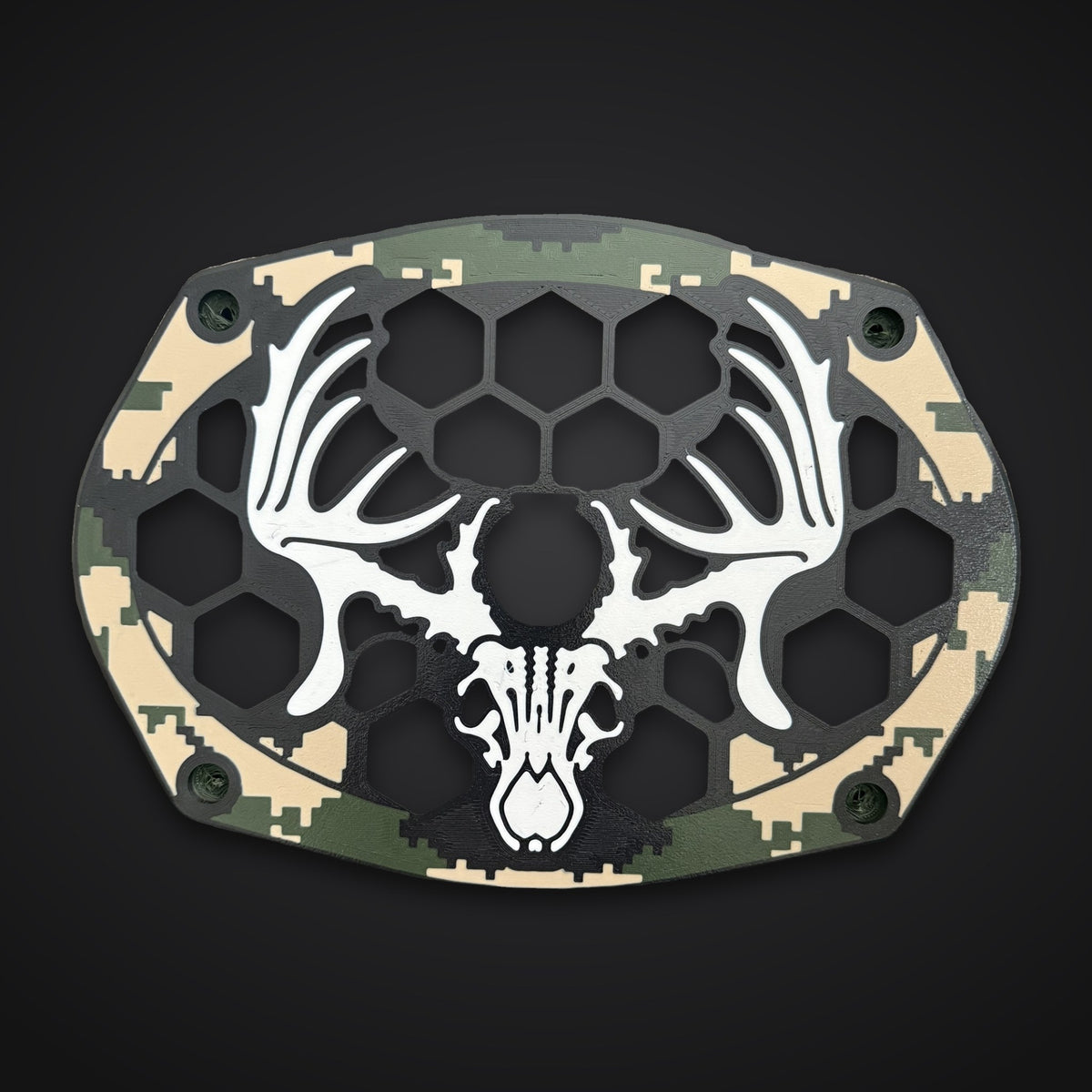 Printed Big Buck Kicker DS 6x9 grill in Woodland Digital: black hex, white buck, tan and dark green digital camo
