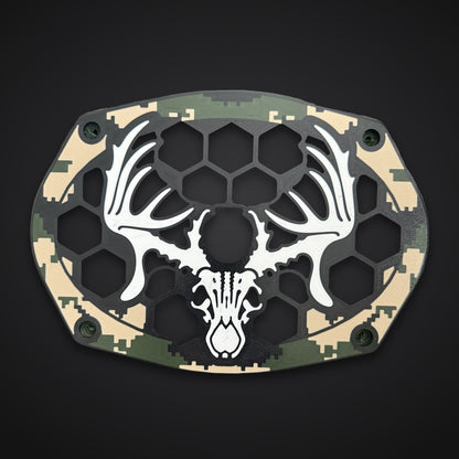 Printed Big Buck Kicker DS 6x9 grill in Woodland Digital: black hex, white buck, tan and dark green digital camo