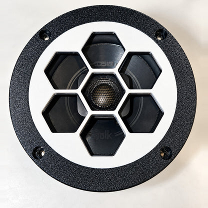 Polk DB522 5.25 hex grill installed on a speaker, center hex over the tweeter