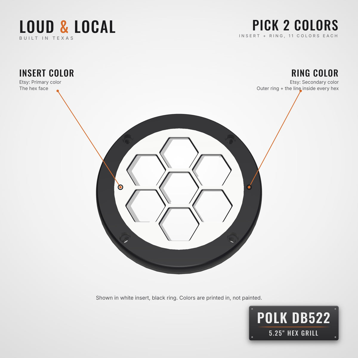 How the two colors work: insert color is the hex face, ring color is the outer ring