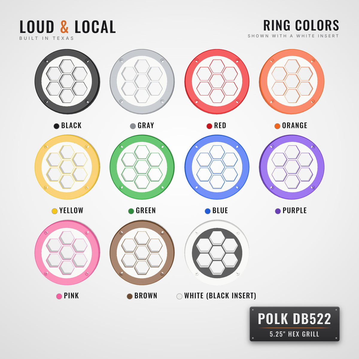 All 11 ring colors for the Polk DB522 5.25 hex grill