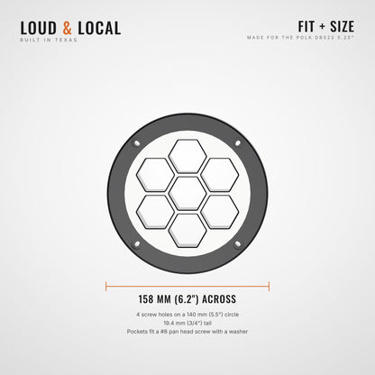Polk DB522 5.25 hex grill size: 158 mm across, 4 holes on a 140 mm circle
