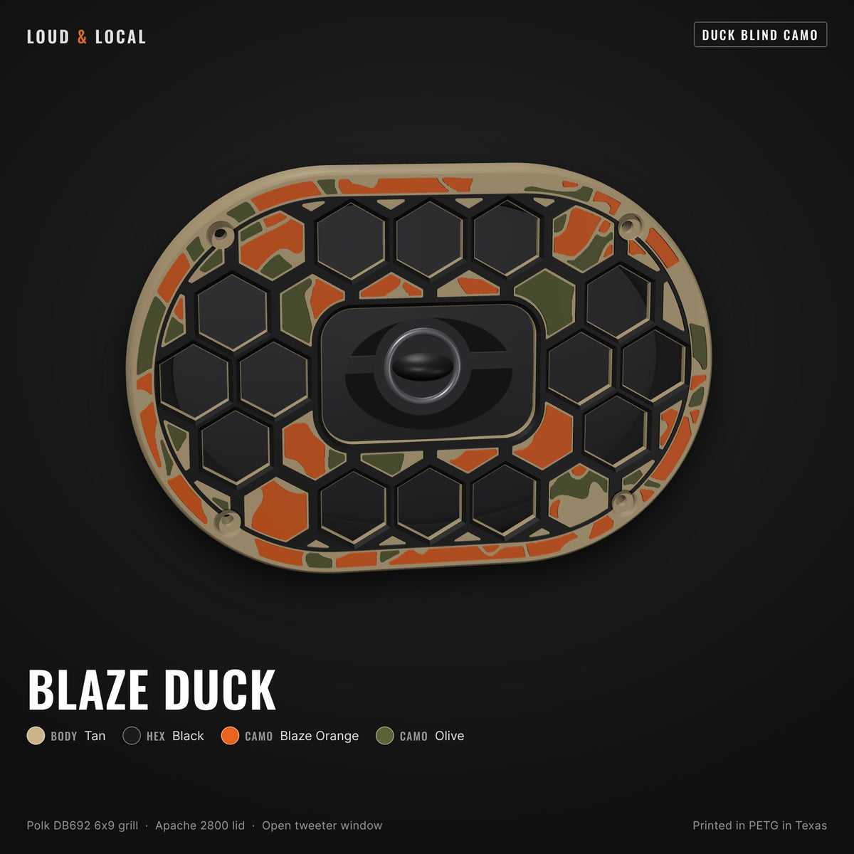 Blaze Duck duck blind camo 6x9 speaker grill for Polk DB692 on an Apache 2800 (tan body, black hex, blaze orange camo, olive camo)