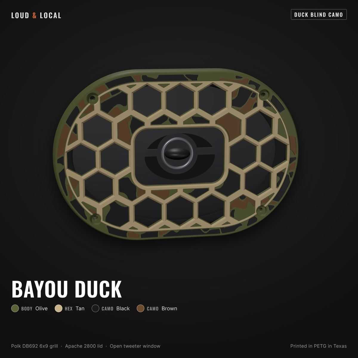 Bayou Duck duck blind camo 6x9 speaker grill for Polk DB692 on an Apache 2800 (olive body, tan hex, black camo, brown camo)