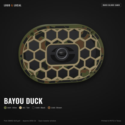 Bayou Duck duck blind camo 6x9 speaker grill for Polk DB692 on an Apache 2800 (olive body, tan hex, black camo, brown camo)