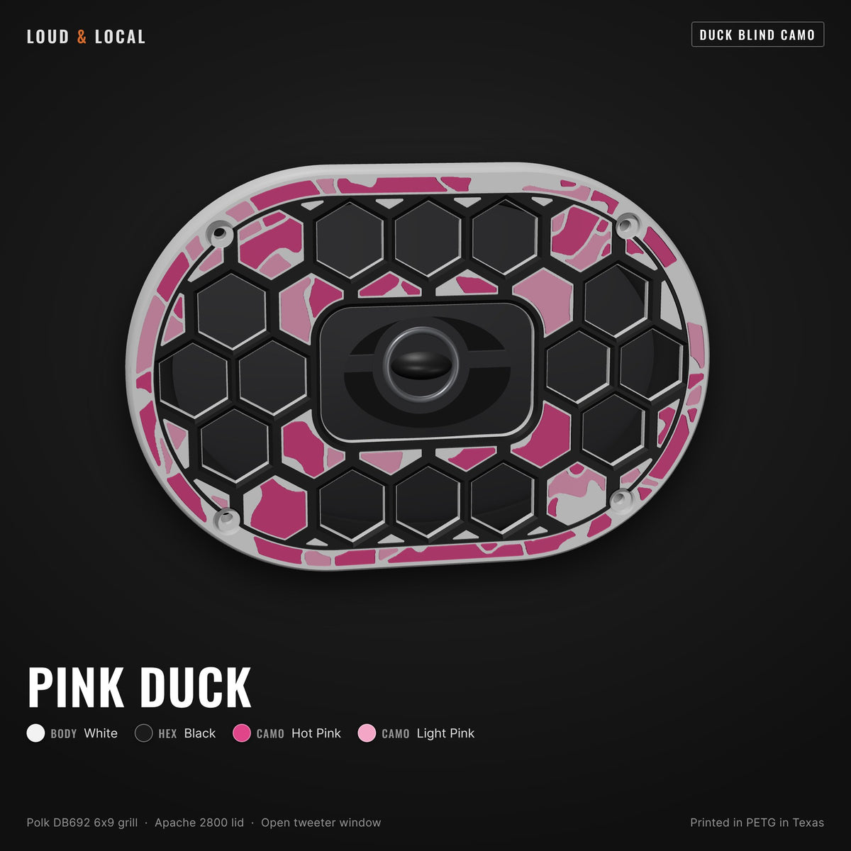 Pink Duck duck blind camo 6x9 speaker grill for Polk DB692 on an Apache 2800 (white body, black hex, hot pink camo, light pink camo)