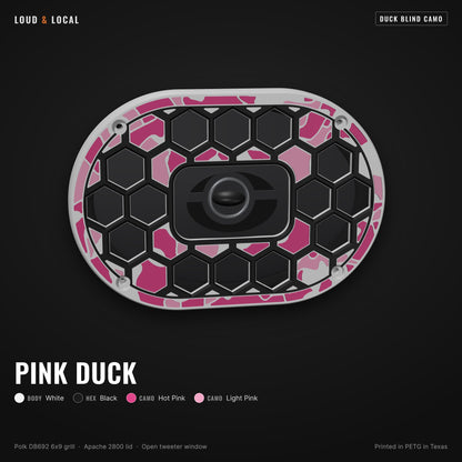 Pink Duck duck blind camo 6x9 speaker grill for Polk DB692 on an Apache 2800 (white body, black hex, hot pink camo, light pink camo)