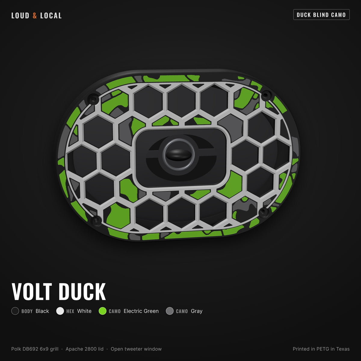 Volt Duck duck blind camo 6x9 speaker grill for Polk DB692 on an Apache 2800 (black body, white hex, electric green camo, gray camo)