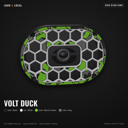 Volt Duck duck blind camo 6x9 speaker grill for Polk DB692 on an Apache 2800 (black body, white hex, electric green camo, gray camo)