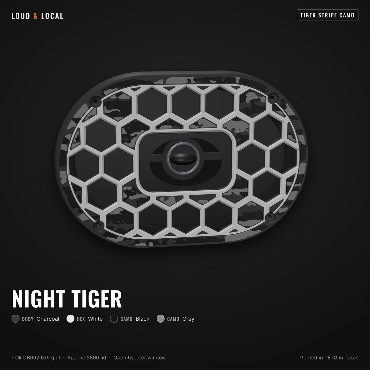 Night Tiger tiger stripe camo 6x9 speaker grill for Polk DB692 on an Apache 2800 (charcoal body, white hex, black camo, gray camo)