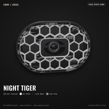 Night Tiger tiger stripe camo 6x9 speaker grill for Polk DB692 on an Apache 2800 (charcoal body, white hex, black camo, gray camo)