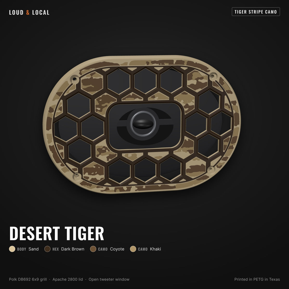 Desert Tiger tiger stripe camo 6x9 speaker grill for Polk DB692 on an Apache 2800 (sand body, dark brown hex, coyote camo, khaki camo)