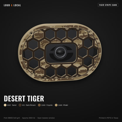 Desert Tiger tiger stripe camo 6x9 speaker grill for Polk DB692 on an Apache 2800 (sand body, dark brown hex, coyote camo, khaki camo)