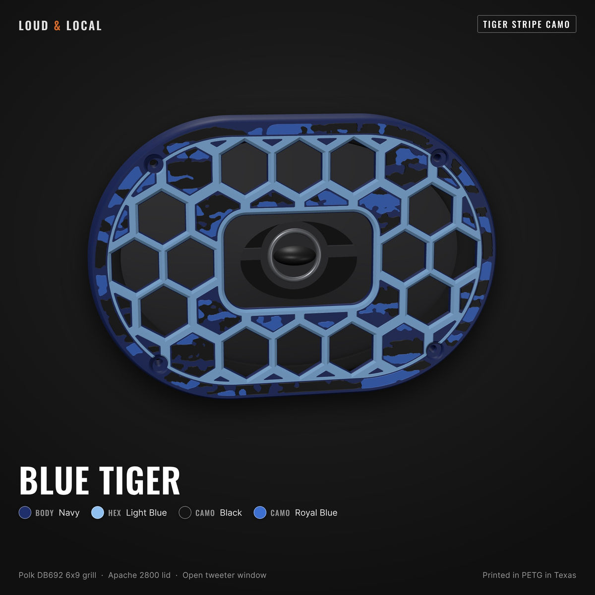 Blue Tiger tiger stripe camo 6x9 speaker grill for Polk DB692 on an Apache 2800 (navy body, light blue hex, black camo, royal blue camo)