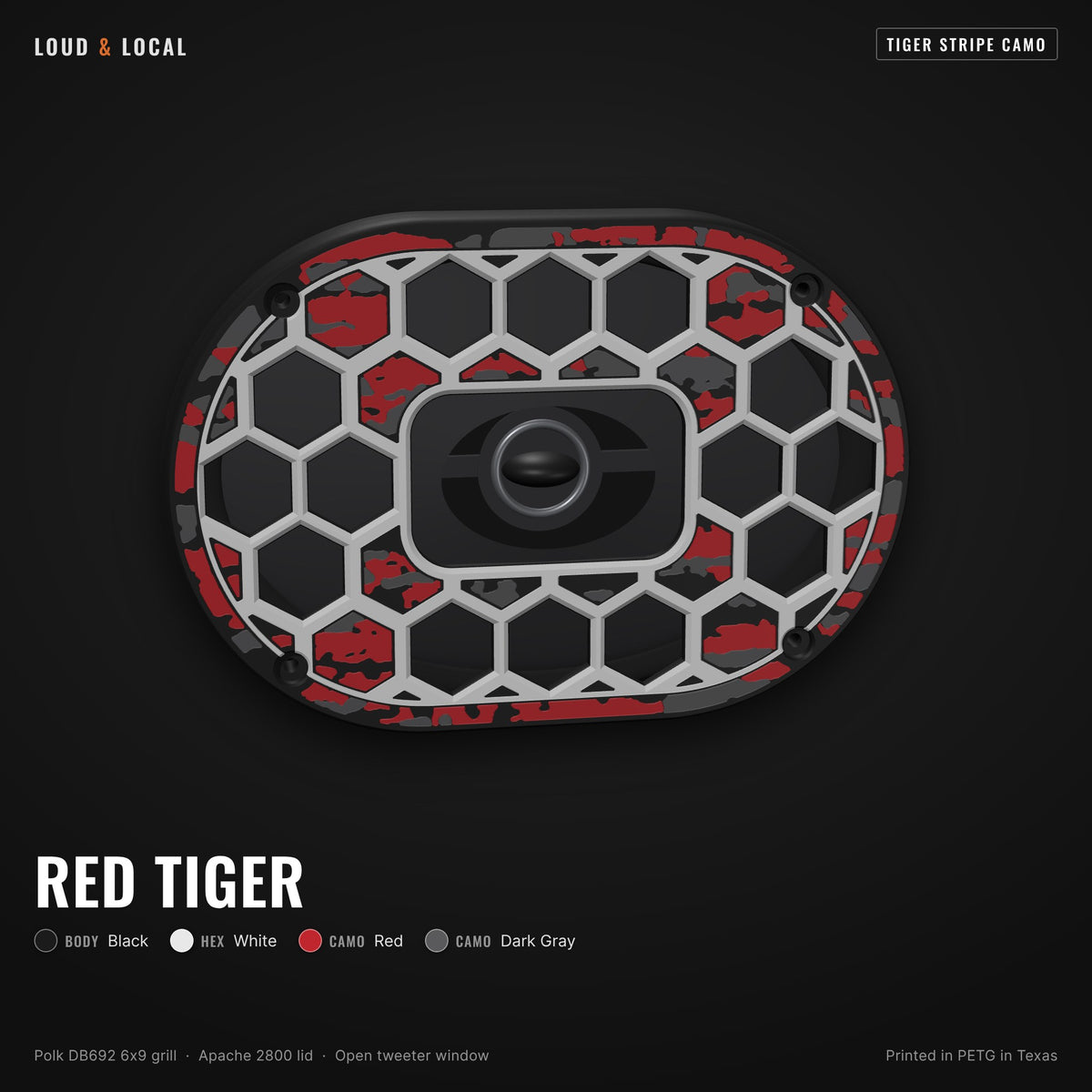 Red Tiger tiger stripe camo 6x9 speaker grill for Polk DB692 on an Apache 2800 (black body, white hex, red camo, dark gray camo)