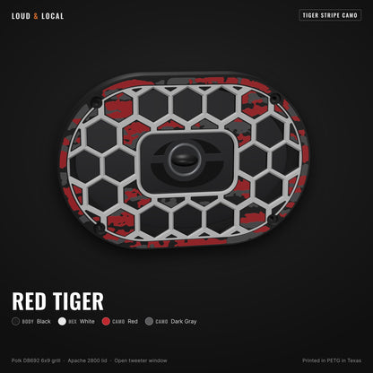 Red Tiger tiger stripe camo 6x9 speaker grill for Polk DB692 on an Apache 2800 (black body, white hex, red camo, dark gray camo)
