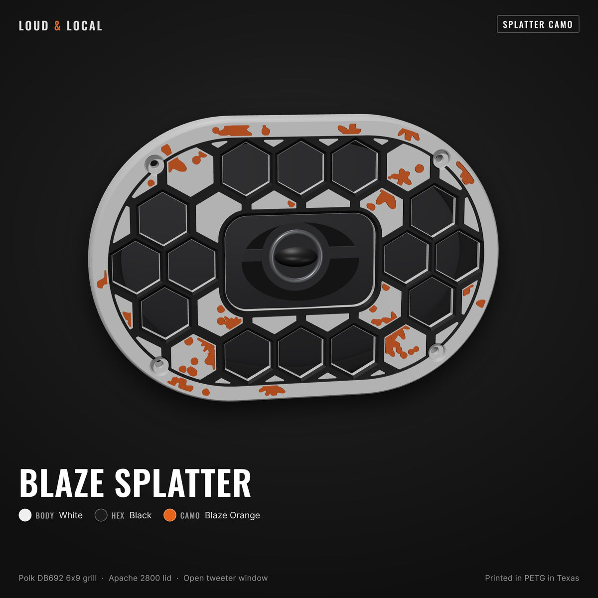 Blaze Splatter splatter camo 6x9 speaker grill for Polk DB692 on an Apache 2800 (white body, black hex, blaze orange camo)