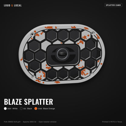 Blaze Splatter splatter camo 6x9 speaker grill for Polk DB692 on an Apache 2800 (white body, black hex, blaze orange camo)