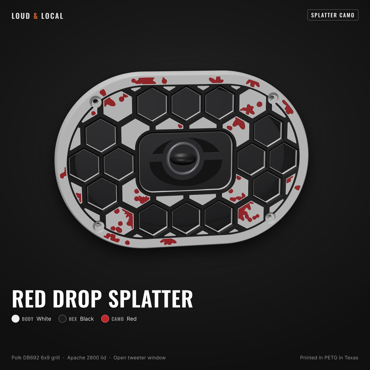 Red Drop Splatter splatter camo 6x9 speaker grill for Polk DB692 on an Apache 2800 (white body, black hex, red camo)