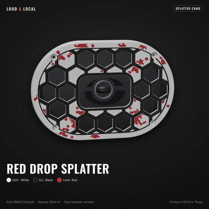 Red Drop Splatter splatter camo 6x9 speaker grill for Polk DB692 on an Apache 2800 (white body, black hex, red camo)
