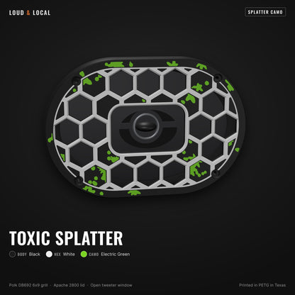 Toxic Splatter splatter camo 6x9 speaker grill for Polk DB692 on an Apache 2800 (black body, white hex, electric green camo)