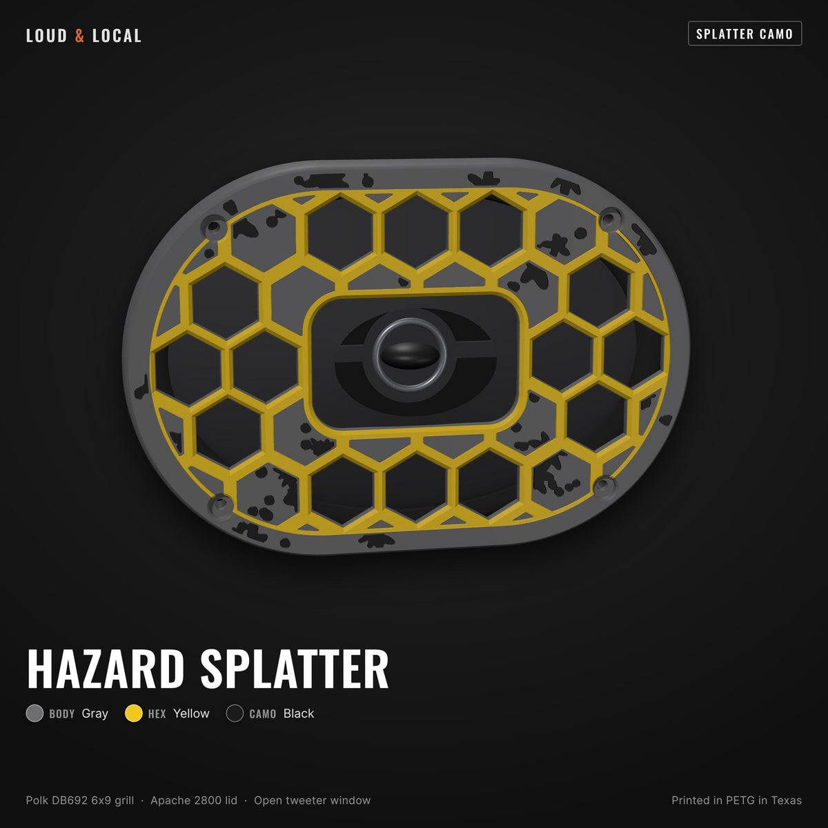 Hazard Splatter splatter camo 6x9 speaker grill for Polk DB692 on an Apache 2800 (gray body, yellow hex, black camo)