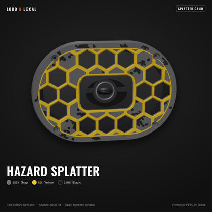 Hazard Splatter splatter camo 6x9 speaker grill for Polk DB692 on an Apache 2800 (gray body, yellow hex, black camo)